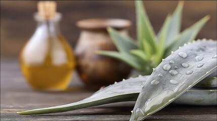 Fresh aloe vera leaves with water drops, natural skincare and wellness concept, organic plant for beauty, health and hydration