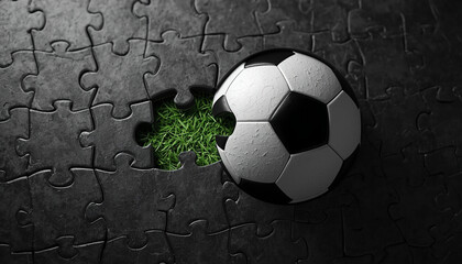 World Cup: A soccer ball sits on a partially completed jigsaw puzzle with a missing piece revealing green grass underneath.