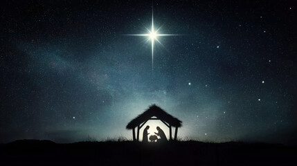 Baby Jesus in manger on Christmas Eve under starry night sky with glowing star of Bethlehem and peaceful nativity scene.
