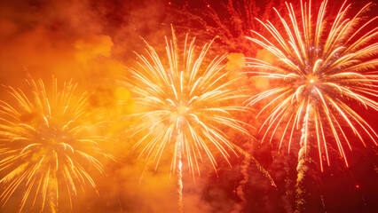 Vibrant red and yellow fireworks burst against a dark red sky, creating a festive and celebratory atmosphere for a holiday or special event.