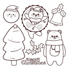 set of Christmas and winter element drawing with cartoon bear for coloring page or coloring book