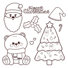 set of Christmas and winter element drawing with cartoon bear for coloring page or coloring book