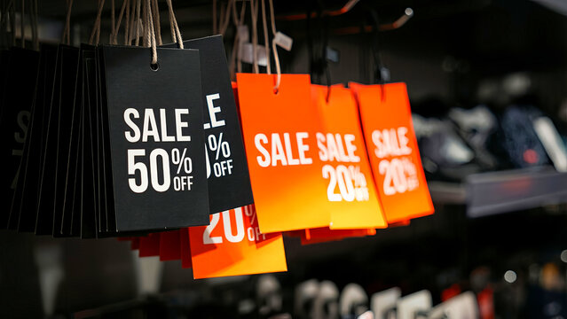 Eye-catching black and vibrant orange retail price tags prominently display significant discount offers like fifty percent off and twenty percent off during seasonal promotions.