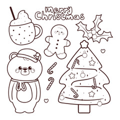set of Christmas and winter element drawing with cartoon bear for coloring page or coloring book