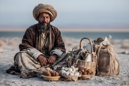 Traditional Turkmen trader on the silk road, historical merchant