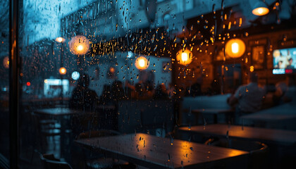 World Cup: A dimly lit restaurant interior on a rainy night with warm lighting and empty tables