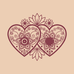 Henna Hearts Valentine&rsquo;s Day Vector with Mehndi Floral Paisley Frame