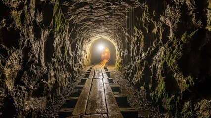 Dimly lit tunnel with railway tracks leading to a distant light