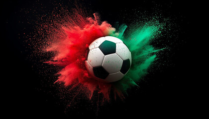 World Cup: A soccer ball explodes with vibrant red and green powder against a dark background