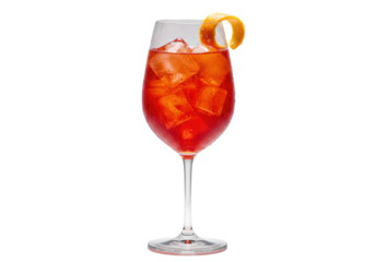 Vibrant orange-red effervescent cocktail in a crystal goblet with ice, heavy condensation, orange peel twist, transparent background, luxury beverage advertising concept