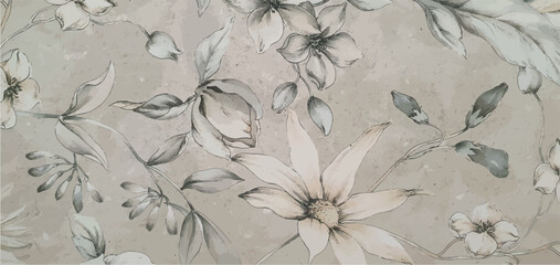 Floral patterns and leaves on a white background. Floral ornament wallpaper or fabric. Wallpaper texture with flowers and leaves.