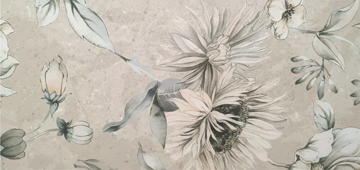 Floral patterns and leaves on a white background. Floral ornament wallpaper or fabric. Wallpaper texture with flowers and leaves.