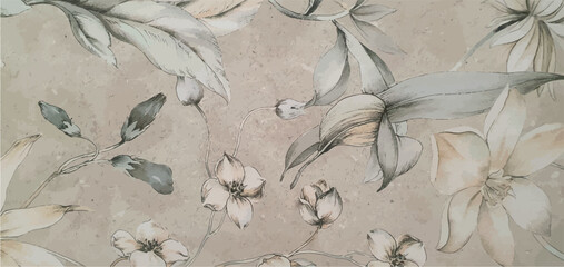 Floral patterns and leaves on a white background. Floral ornament wallpaper or fabric. Wallpaper texture with flowers and leaves.