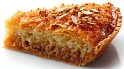 Exquisite Almond Tart: An enticing close-up of a delightful almond tart slice, featuring a crispy golden crust, luscious filling, and a generous sprinkle of toasted almonds.