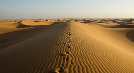 夕焼けに染まる広大な砂漠 黄金の砂丘に続く足跡が穏やかな旅の始まりを告げる美しい風景. AI Generated