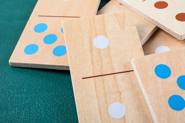 Wooden Domino Tiles With Colored Dots In Close Up Arrangement