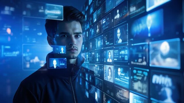 多数の画面に囲まれた男性が情報分析に集中する