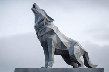 Low poly geometric wolf monument standing and howling on stone base against sky, representing leadership, freedom, power, and modern architecture art.