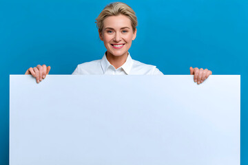 Smiling businesswoman holding blank white sign against blue background, copy space for advertising, marketing or promotional message.