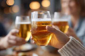 Friends clinking glasses of cold beer in bar, celebration moment, social gathering, friendship, leisure time, warm light atmosphere.