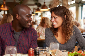 Smiling interracial couple enjoying a romantic dinner together in a cozy restaurant, talking and connecting, expressing love, happiness, and lifestyle moment.
