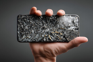 Hand holding smartphone with shattered glass screen, showing device damage, accident, repair issue, technology failure, and digital risk concept.