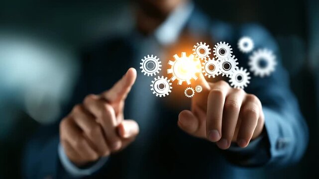 Professional touching virtual gears representing automation innovation faceless businessman defocused technology background mechanical process visualization digital