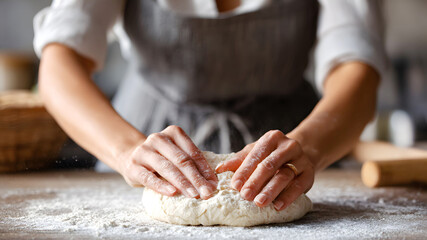 Hands kneading fresh dough with flour on wooden table, artisan baking process, homemade bread preparation, rustic kitchen atmosphere.