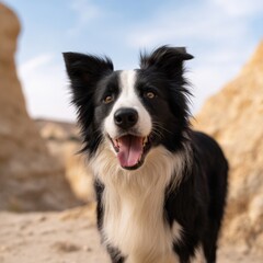 Fototapeta premium Happy border collie in rocky desert landscape