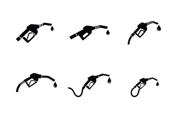 Vector gas pump nozzle silhouettes with dripping fuel drops