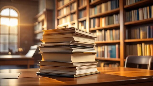 図書館の棚と積み重なる本が知識と学びの時間を象徴