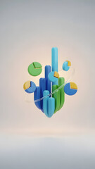 3D Graph and Pie Charts Illustration.