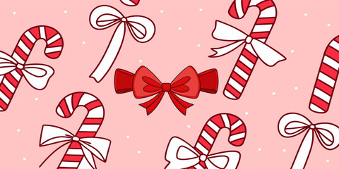 Set of candy cane pattern doodle trendy bows and ribbons. Whimsical minimalist vintage vector illustration for holiday poster, greeting cards, wedding invitations, branding