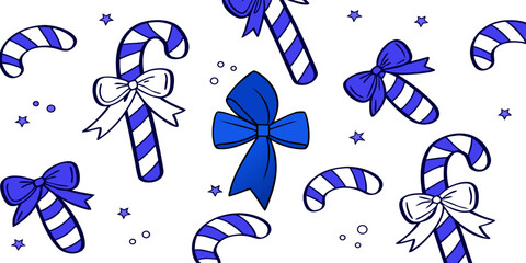 Set of candy cane pattern doodle trendy bows and ribbons. Whimsical minimalist vintage vector illustration for holiday poster, greeting cards, wedding invitations, branding