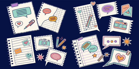 Set of torn paper. Notebook sheets and scraps of a notebook page with uneven edges. Vector design template in aged style.