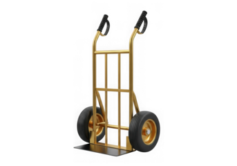 A gold hand truck with two wheels and a sturdy frame