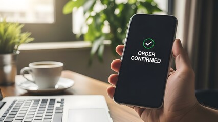 Smartphone with email confirmed message on screen in a cozy office setting