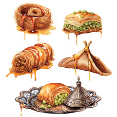 Watercolor illustration set of Ramadan sweets and desserts on white background