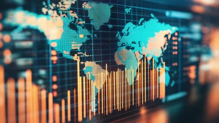 Digital display of a world map and bar graphs, overlaying each other, with various blue and orange hues - Powered by Adobe
