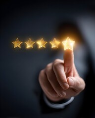 Customer service concept, Businessman hand choose 5 star rating for best satisfaction with rating, correct, client, review, evaluation, satisfaction