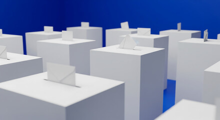 Abstract Election Concept: Vote Casting Process with Ballot Boxes and Envelopes, Political and Democratic, 3D Render Illustration