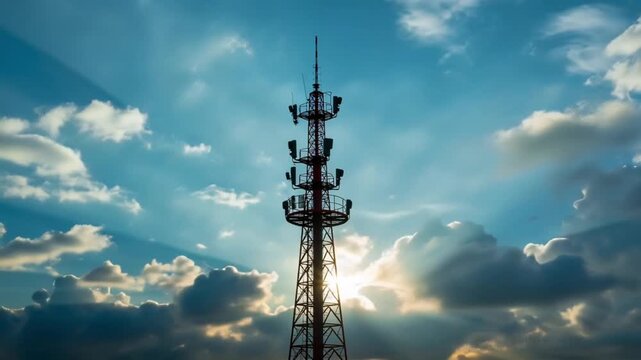 Time-lapse LTE cellular tower, low-angle view, fast-moving clouds, sun flares, birds flying, cinematic blue sky, 4K, smooth motion, commercial stock footage