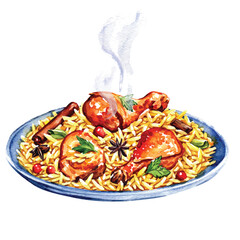 Flavorful chicken biryani rice dish watercolor illustration with spices on white