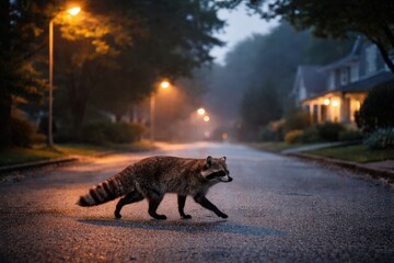 A Curious Raccoon Traverses a Quiet, Dimly Lit Residential Street on a Misty Evening in Search of Food or Adventure