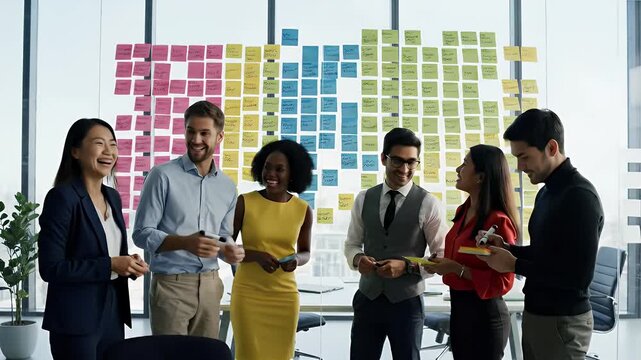 Business Team Brainstorming Strategy Planning Meeting Collaboration Innovation Workshop Agile Project Management Success Goals Objectives Ideas Sticky Notes Wall Office