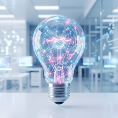 Glowing digital light bulb with neural network connections in a modern office, representing creative innovation, artificial intelligence, bright ideas, and futuristic technology solutions.