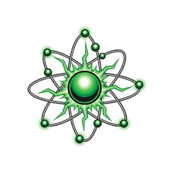 Stylized green atom illustration with glowing nucleus and electrons