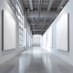 Gallery hall with blank canvases, polished floor, industrial windows, concrete