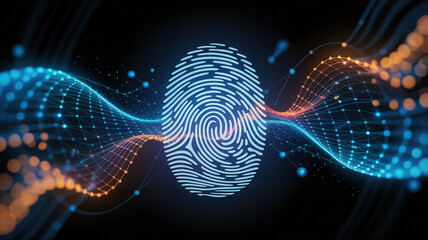 Digital fingerprint illustration with vibrant blue and orange wave patterns, symbolizing security, technology, and identity verification in a modern digital landscape