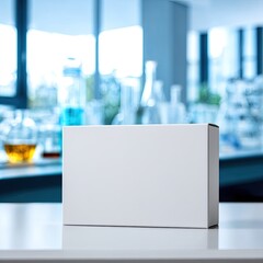 Blank white box in lab against flasks, vials, and blue background